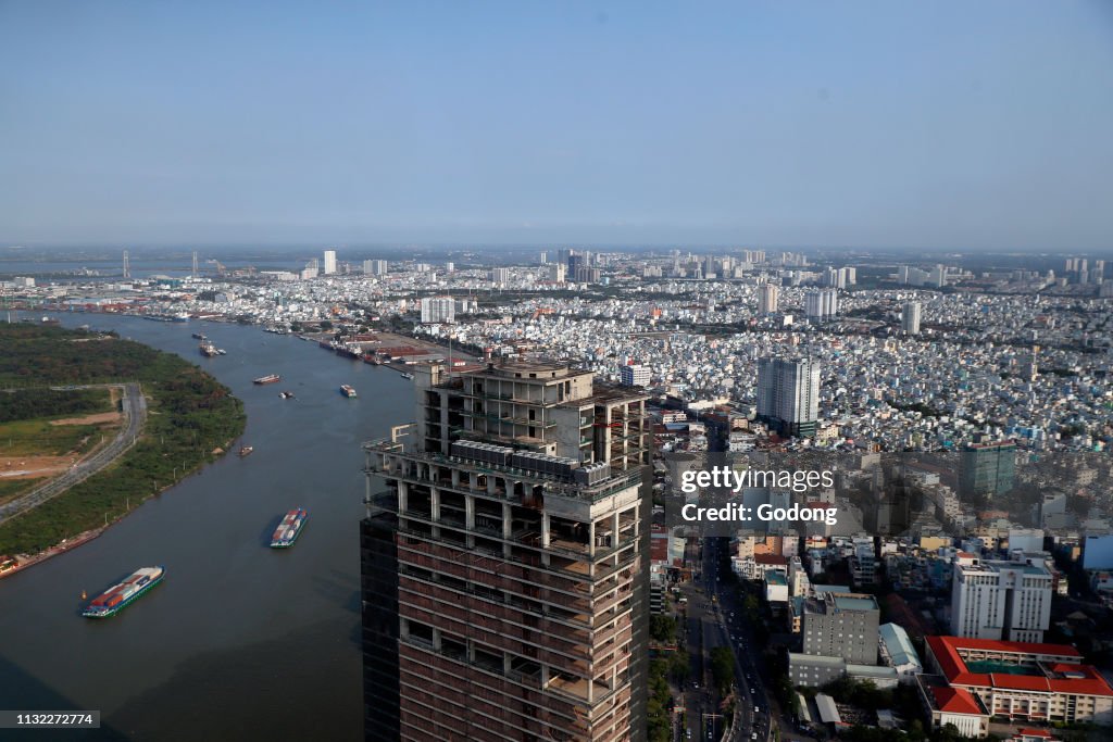 Saigon river and cityscape of Ho Chin Minh Skyline.  Saigon. Vietnam.