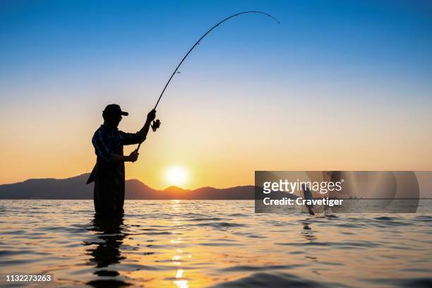 the silhouette fishing man, once of thailand tradition,asia. - fishing imagens e fotografias de stock