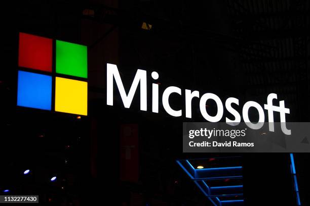 Logo sits illumintated outside the Microsoft booth on day 2 of the GSMA Mobile World Congress 2019 on February 26, 2019 in Barcelona, Spain. The...