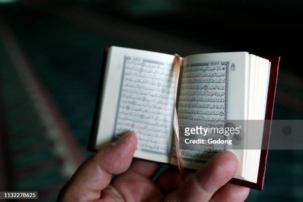 The Green Mosque. Muslim man reading an Arabic Holy Quran . Singapore.