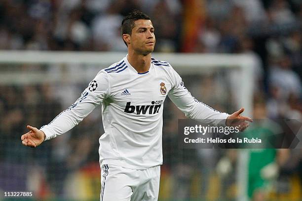 Cristiano Ronaldo of Real Madrid reacts during the UEFA Champions League Semi Final first leg match between Real Madrid and Barcelona at Estadio...