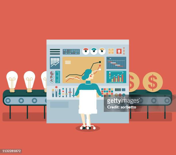transformation idea to money - businesswoman - manufacturing equipment stock illustrations