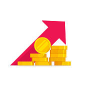 Money growth vector illustration, flat golden coins pile with revenue graph, concept of income increase or earnings, financial boost chart, success capital investment, cash budget isolated