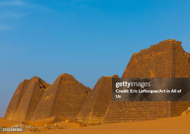 Pyramids of the kushite rulers at Meroe, Northern State, Meroe, Sudan on December 28, 2018 in Meroe, Sudan.