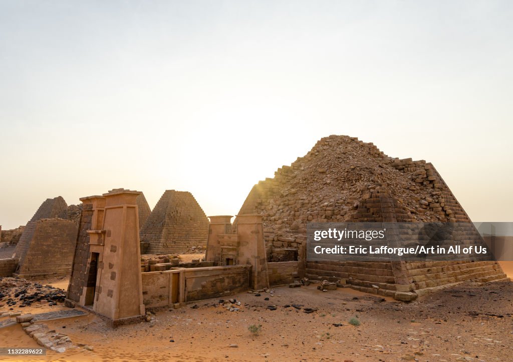Pyramids of the kushite rulers at Meroe, Northern State, Meroe, Sudan...