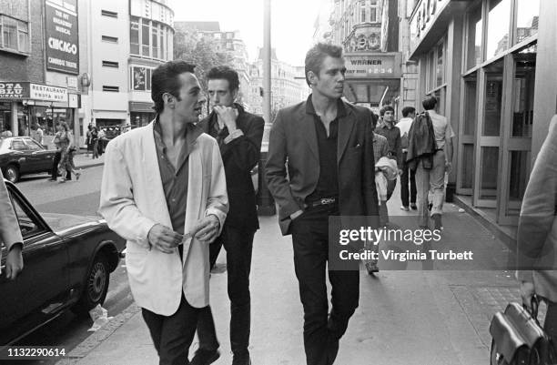 The Clash, left to right, Joe Strummer, Mick Jones and Paul Simonon, in Leicester Square, London, 6th July 1979.