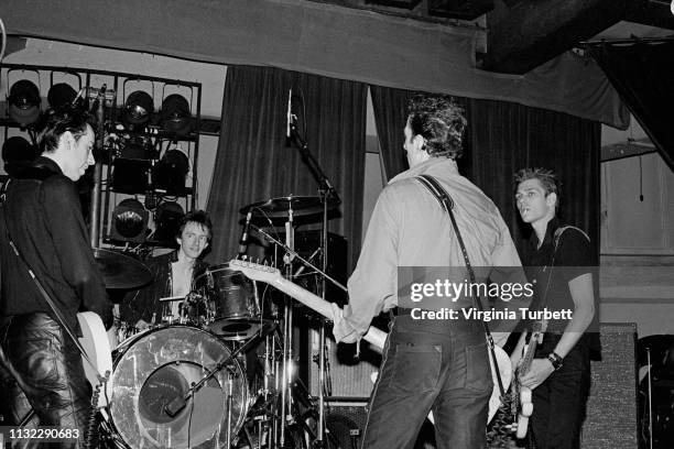 The Clash rehearse on stage at Notre Dame Hall, London, 6th July 1979. L-R Mick Jones, Topper Headon, Joe Strummer, Paul Simonon.