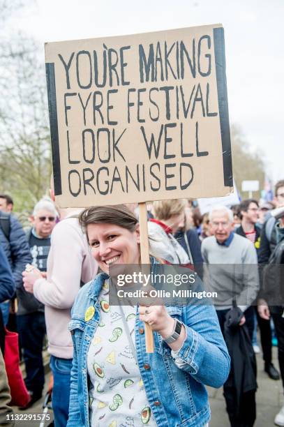 Protester with a banner comparing the Brexit situation to the notorious Fyre Festival seen during the Put It To The People March as estimates of over...