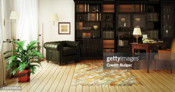 traditionelles innenraum der hausbibliothek - bookshelves interiors stock-fotos und bilder