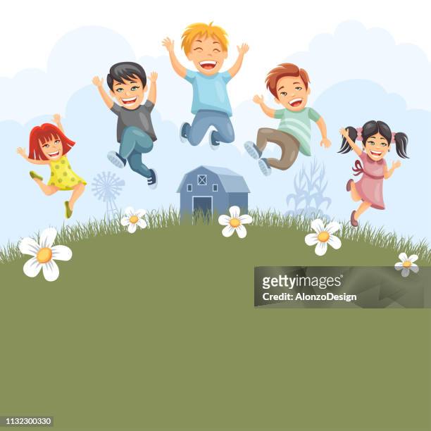 kids on the hill - happy family in farm stock illustrations