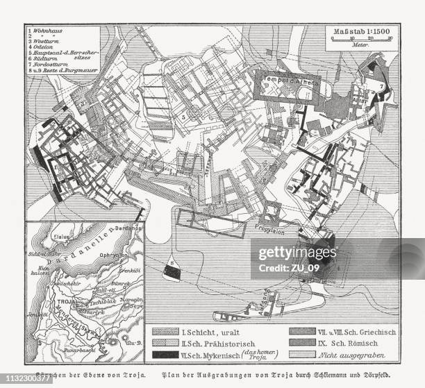 karte der archäologischen ausgrabungen von troja, holzschnitt, veröffentlicht 1897 - archäologie stock-grafiken, -clipart, -cartoons und -symbole