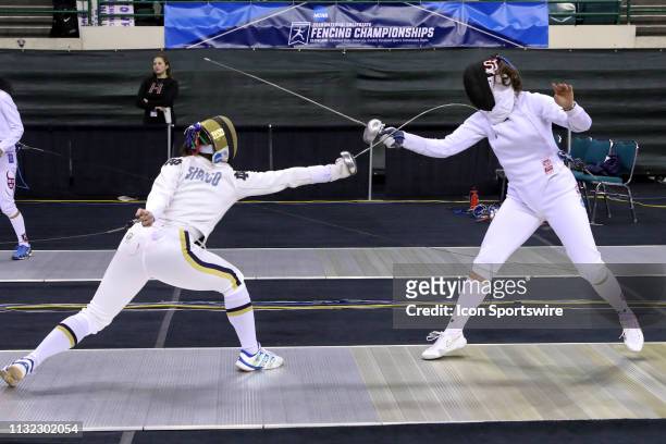 Amanda Sirico of Notre Dame and Andrea Vittoria Rizzi of St. John's compete during Women's Eppe at the National Collegiate Fencing Championships on...