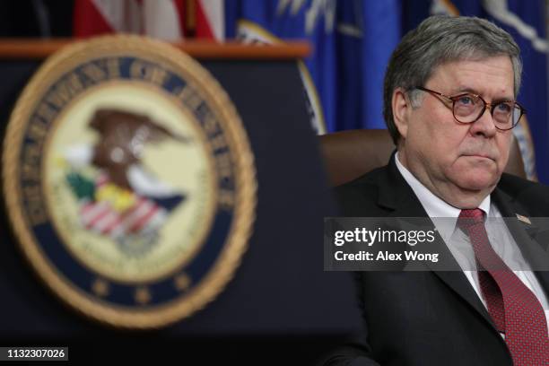 Attorney General William Barr listens during a Department of Justice African American History Month Observance Program at the Department of Justice...