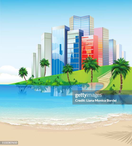 city on the beach - romania beach stock illustrations