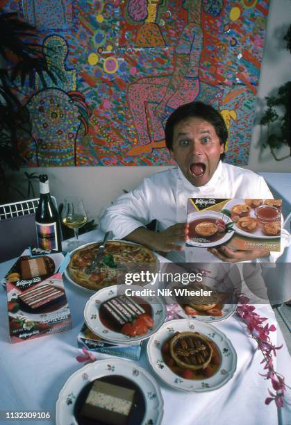 Celebrity chef Wolfgang Puck unveils his new line of frozen gourmet pizzas at his restaurant "Spago" in Los Angeles California USA circa 1986