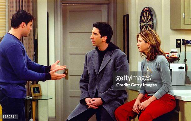 Actors Matt Le Blanc , David Schwimmer and Jennifer Aniston are shown in a scene from the NBC series "Friends". The series received 11 Emmy...