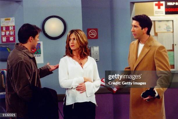 Actors Matt Le Blanc , Jennifer Aniston and David Schwimmer are shown in a scene from the NBC series "Friends". The series received 11 Emmy...