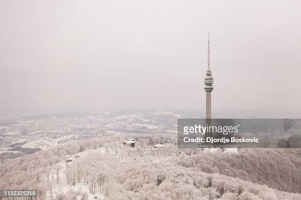 winter drone view at frozen avala tower - belgrade serbia stock pictures, royalty-free photos & images