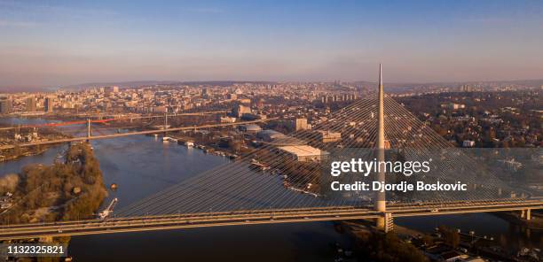aerial view at ada bridge - belgrade skyline imagens e fotografias de stock