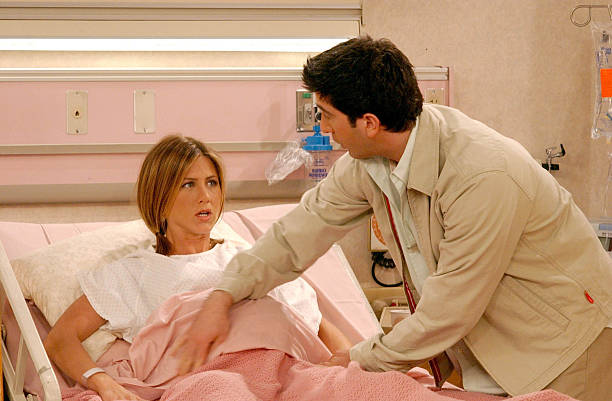 Actors Jennifer Aniston and David Schwimmer are shown in a scene from the NBC series "Friends". The series received 11 Emmy nominations, including...