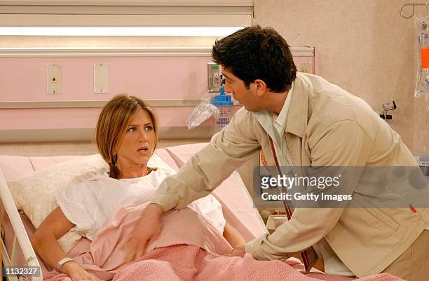 Actors Jennifer Aniston and David Schwimmer are shown in a scene from the NBC series "Friends". The series received 11 Emmy nominations, including...