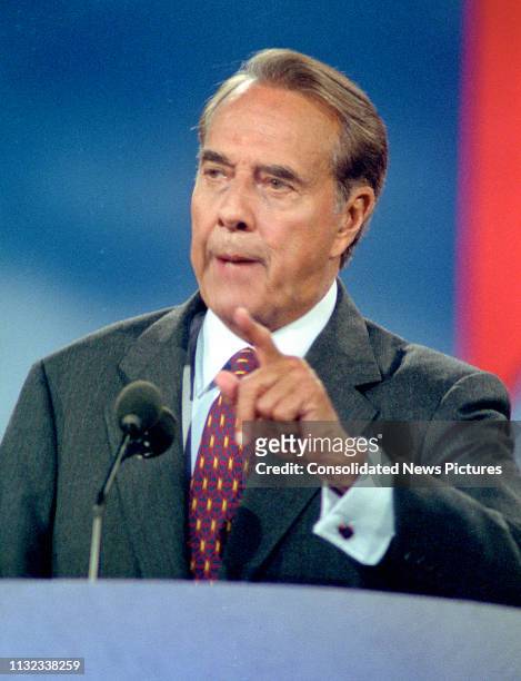 American politician former US Senator Bob Dole delivers his acceptance speech on the final day of the Republican National Convention at the San Diego...