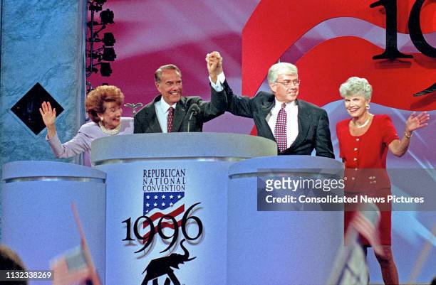 The Republican Party's Presidential and Vice-Presidential candidates, respectively Bob Dole and Jack Kemp celebrate on the final day of the...