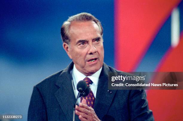 American politician former US Senator Bob Dole delivers his acceptance speech on the final day of the Republican National Convention at the San Diego...