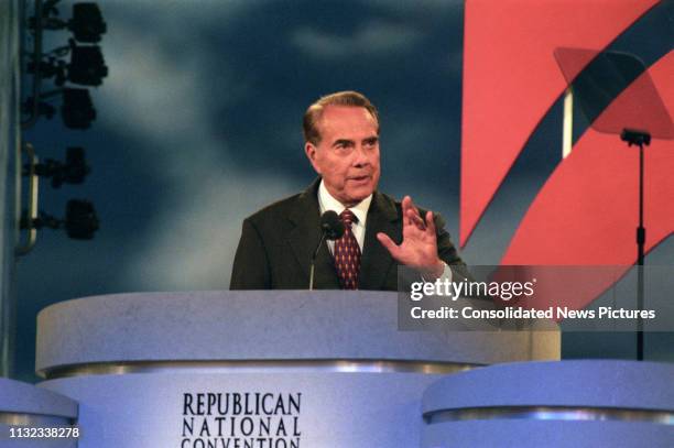 American politician former US Senator Bob Dole delivers his acceptance speech on the final day of the Republican National Convention at the San Diego...