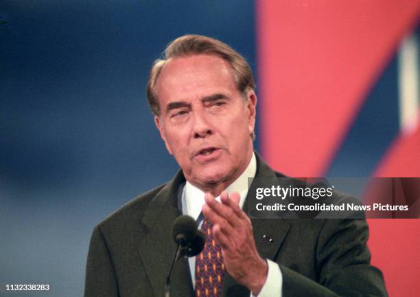 American politician former US Senator Bob Dole delivers his acceptance speech on the final day of the Republican National Convention at the San Diego...