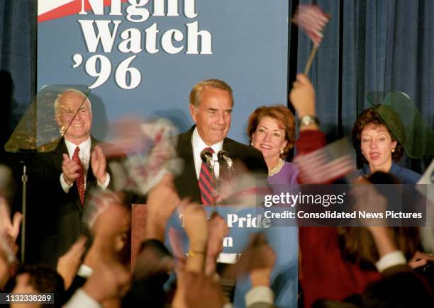 Former US Senator Bob Dole speaks to supporters after conceding the Presidential Election during an election night party at the Renaissance Hotel,...