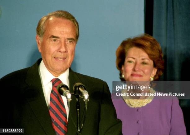 Former US Senator Bob Dole speaks to supporters after conceding the Presidential Election during an election night party at the Renaissance Hotel,...