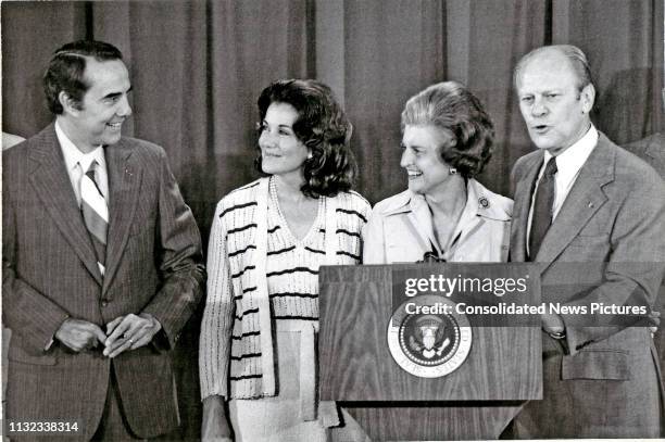 American politician US President Gerald Ford announces US Senator Bob Dole as his Vice-Presidential nominee during a press conference at the Crown...