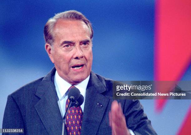 American politician former US Senator Bob Dole delivers his acceptance speech on the final day of the Republican National Convention at the San Diego...