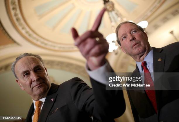 Senate Minority Leader Sen. Chuck Schumer answers questions following the weekly Democratic policy luncheon at the U.S. Capitol February 26, 2019 in...