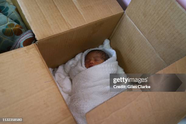 November 29 2018: A newborn baby in a cardboard box in a hospital on November 29, 2018 in Aden, Yemen.