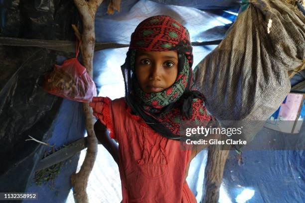 November 20 2018: A young IDP girl poses in her tent in a settlement on November 20, 2018 in southern Yemen.