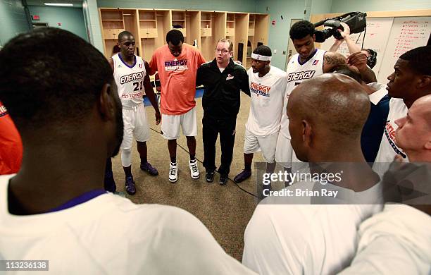 Nick Nurse Head Coach of the Iowa Energy talks to his team before game two of the NBA Development League Finals against the Rio Grande Valley Vipers...