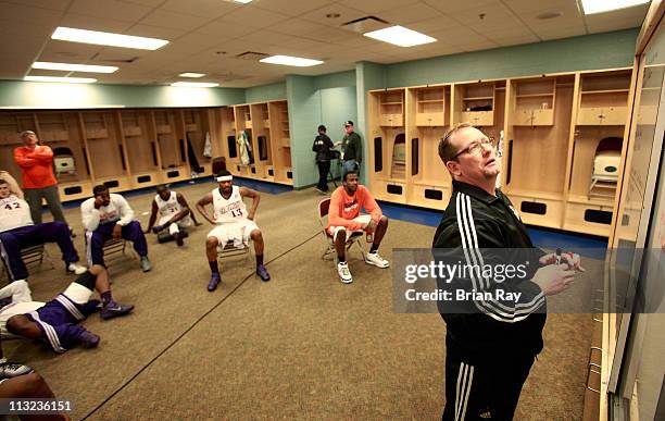 Nick Nurse Head Coach of the Iowa Energy goes over the game plan before game two of the NBA Development League Finals against the Rio Grande Valley...