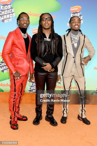 Offset, Takeoff, and Quavo of Migos attend Nickelodeon's 2019 Kids' Choice Awards at Galen Center on March 23, 2019 in Los Angeles, California.