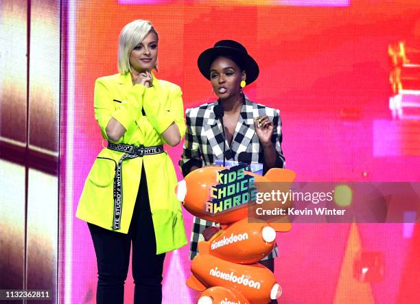 Bebe Rexha and Janelle Monáe speak onstage at Nickelodeon's 2019 Kids' Choice Awards at Galen Center on March 23, 2019 in Los Angeles, California.