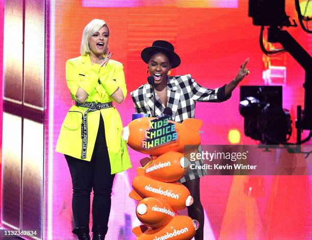 Bebe Rexha and Janelle Monáe speak onstage at Nickelodeon's 2019 Kids' Choice Awards at Galen Center on March 23, 2019 in Los Angeles, California.
