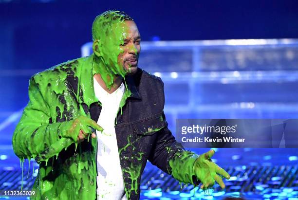 Will Smith gets slimed onstage at Nickelodeon's 2019 Kids' Choice Awards at Galen Center on March 23, 2019 in Los Angeles, California.