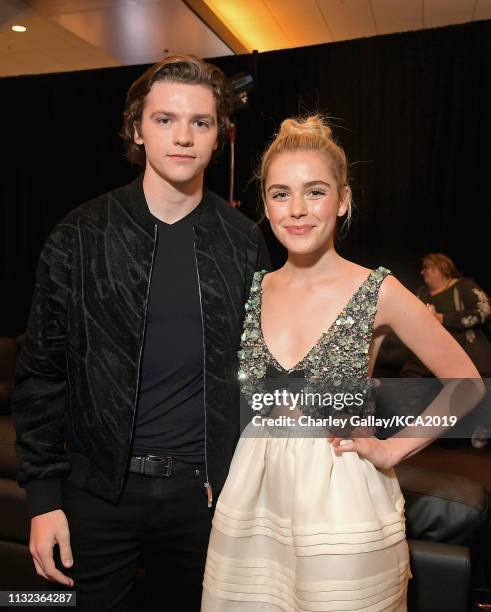 Joel Courtney and Kiernan Shipka attend Nickelodeon's 2019 Kids' Choice Awards at Galen Center on March 23, 2019 in Los Angeles, California.