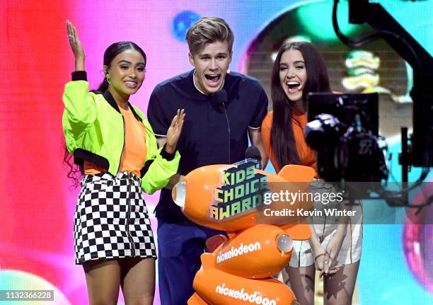 Daniella Perkins, Owen Joyner, and Lilimar speaks onstage at Nickelodeon's 2019 Kids' Choice Awards at Galen Center on March 23, 2019 in Los Angeles,...