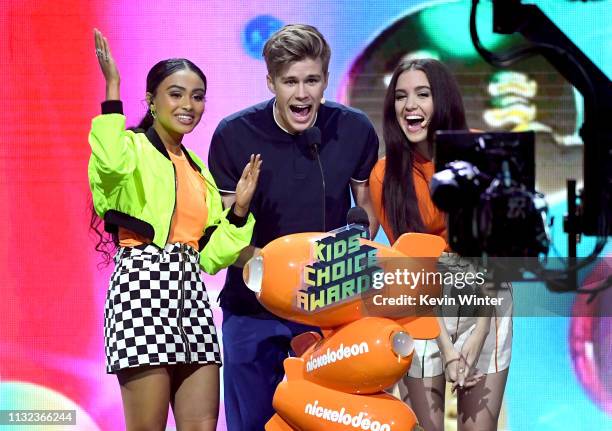 Daniella Perkins, Owen Joyner, and Lilimar speaks onstage at Nickelodeon's 2019 Kids' Choice Awards at Galen Center on March 23, 2019 in Los Angeles,...