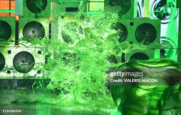 Host DJ Kahled gets slimed on stage during the 32nd Annual Nickelodeon Kids' Choice Awards at the USC Galen Center on March 23, 2019 in Los Angeles.