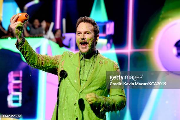 Favorite butt-kicker winner for 'Jurassic World: Fallen Kingdom' actor Chris Pratt gets slimed on stage during the 32nd Annual Nickelodeon's 2019...