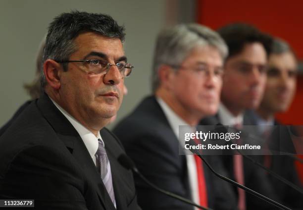 Andrew Demetriou speaks to the media during an AFL press conference to announce the AFL's boradcast arrangements for 2012-2016 at AFL House on April...