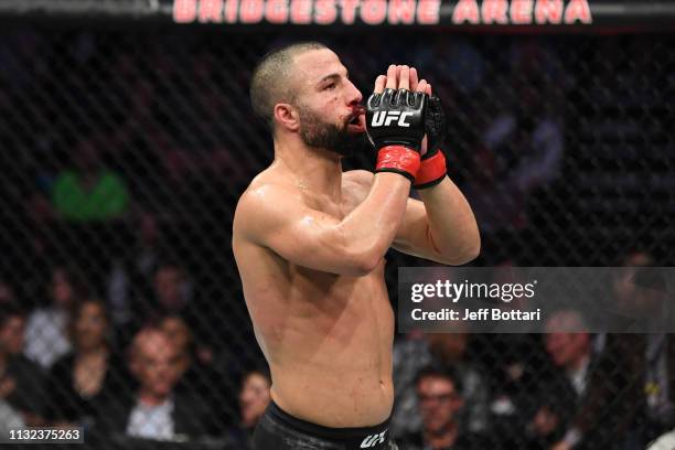 John Makdessi of Canada reacts after the conclusion of his lightweight bout against Jesus Pinedo of Peru during the UFC Fight Night event at...
